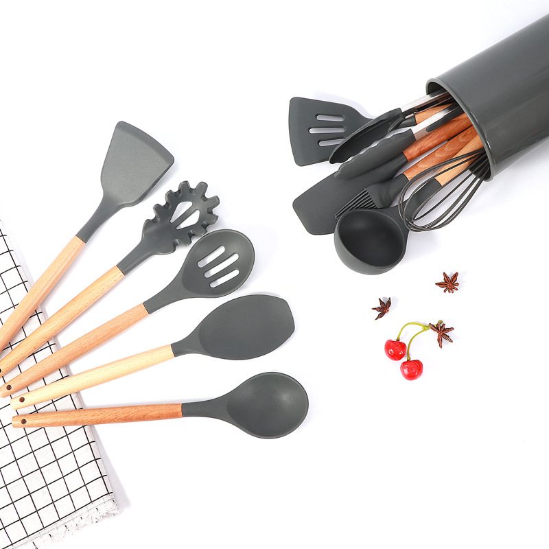 亚马逊跨境爆款 木柄硅胶厨具12件套带收纳桶煎铲漏勺 厨房工具