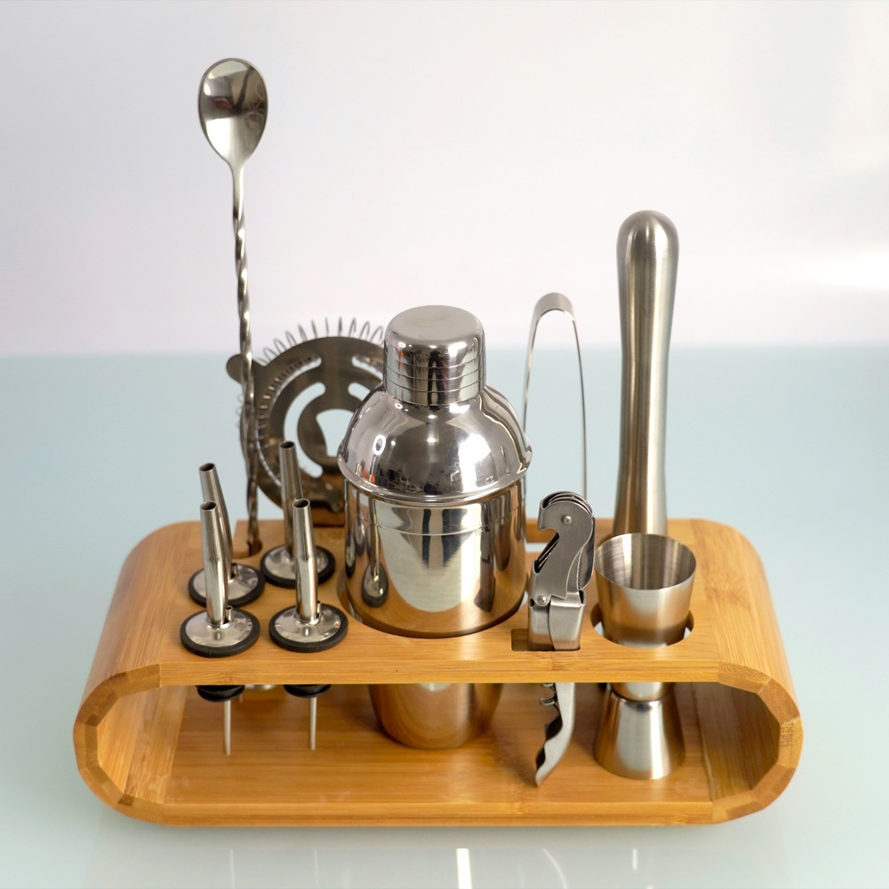 跨境爆款日式12件套不锈钢调酒器套装鸡尾酒椭圆形竹架酒吧工具