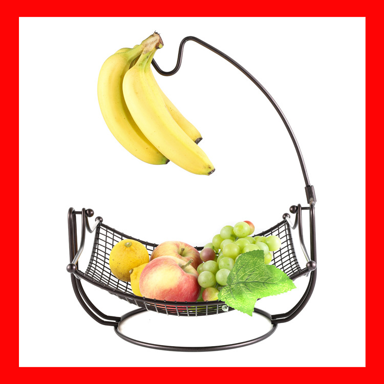 跨境爆款北欧带香蕉挂钩铁艺水果篮客厅家用收纳篮铁线菜蔬果篮子