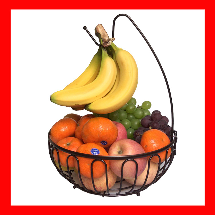 跨境爆款北欧带香蕉挂钩铁艺水果篮客厅家用收纳篮铁线菜蔬果篮子