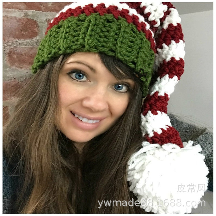 跨境新款圣诞帽子 欧美亲子长尾条纹毛球圣诞节派对装扮服饰批发