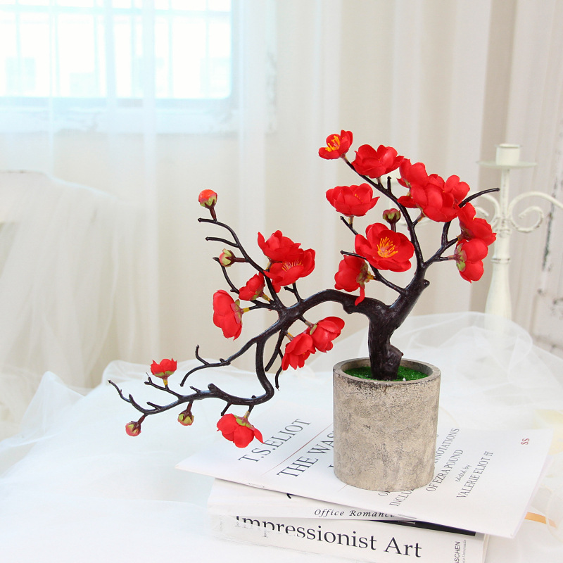 新款 跨境爆款 纸浆盆腊梅套装　复古风桃花家居装饰工艺品摆件