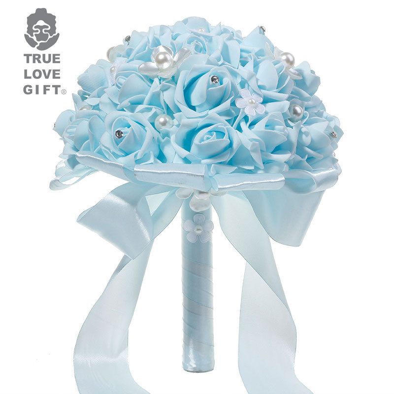 清新蓝花朵珍珠玫瑰手捧花西式婚庆用品跨境爆款货源道具热销精品