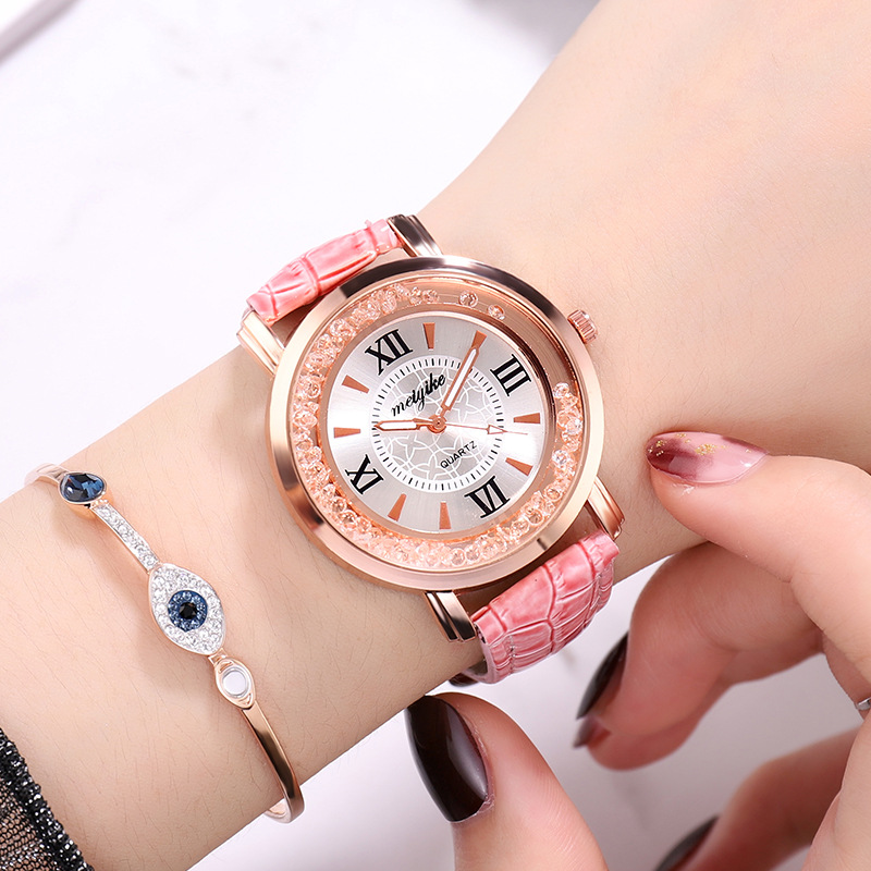 外贸爆款滚珠女士手表新款镶钻流沙石英女表学生皮带女款手表批发