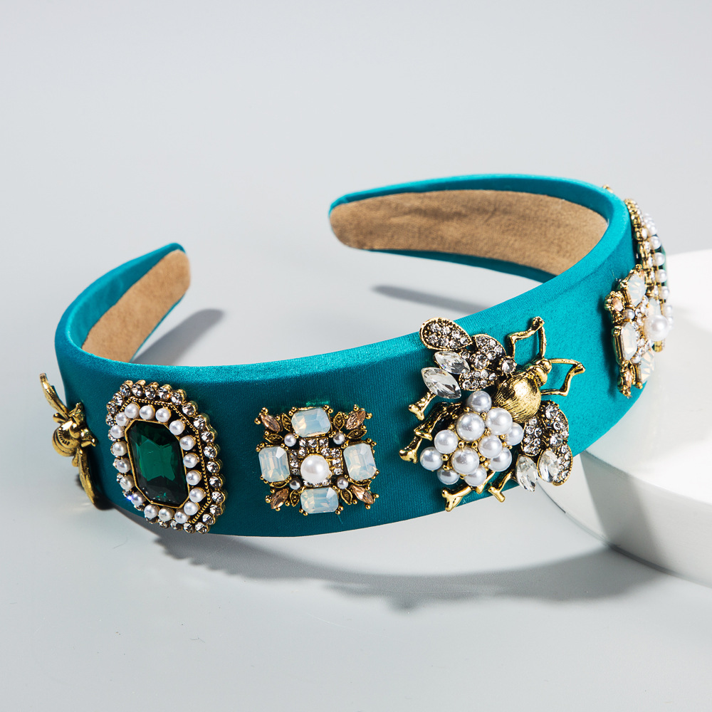 跨境爆款欧美创意巴洛克发箍镶水钻珍珠头箍蜜蜂彩色布料花环头饰