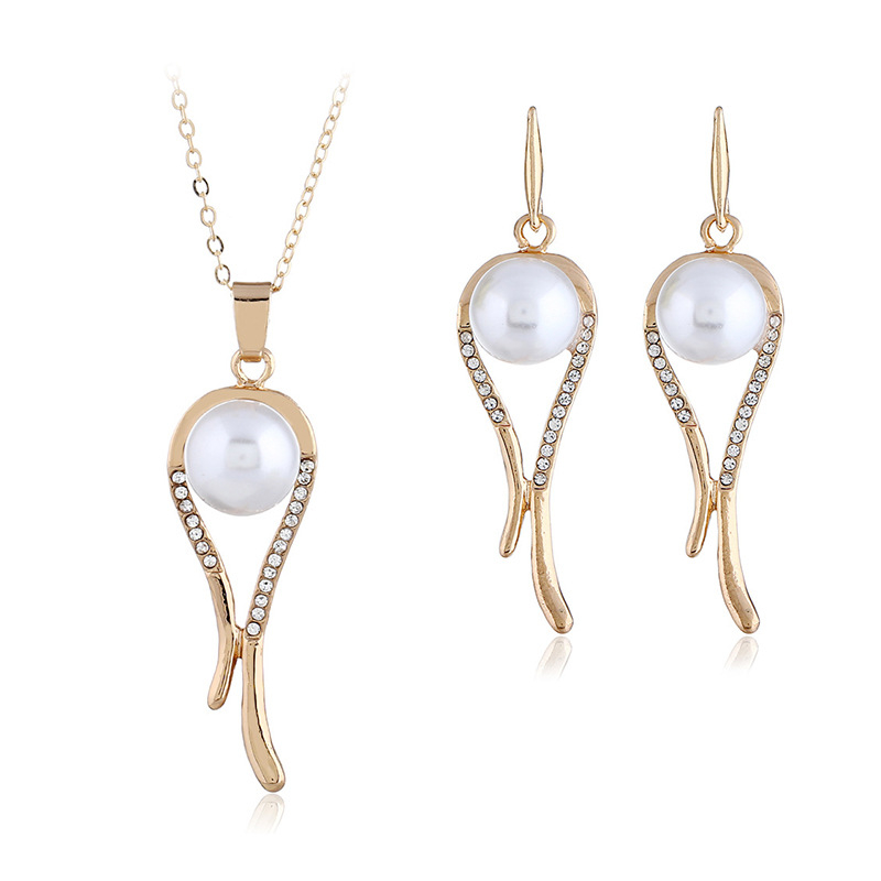 跨境爆款套装首饰水滴型镶钻珍珠耳钉项链套装个性夸张饰品女批发