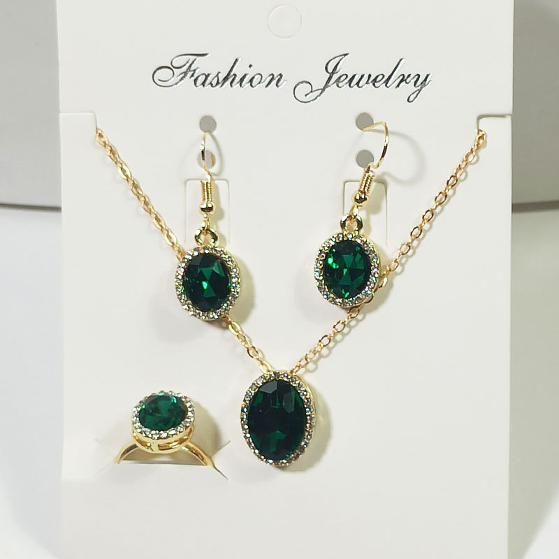 欧美跨境爆款几何椭圆水晶项链耳环戒指三件套装首饰英伦水钻饰品