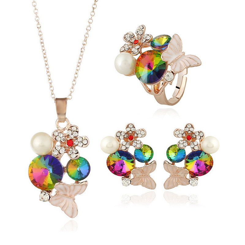 欧美跨境爆款水晶蝴蝶镶钻耳环项链戒指套装合金开口新娘首饰