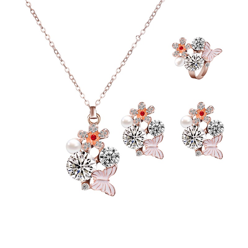 欧美跨境爆款水晶蝴蝶镶钻耳环项链戒指套装合金开口新娘首饰