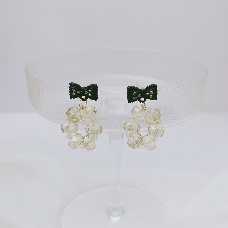 跨境爆款S925银针蝴蝶结黑耳环女水晶复古耳钉女冷淡风韩国耳饰