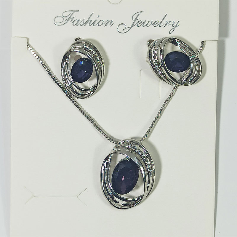 欧美跨境爆款立体椭圆水晶项链耳环套装首饰商务OL水钻婚礼饰品女