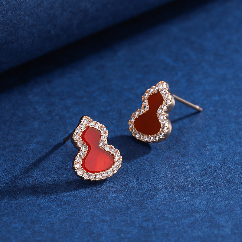 跨境爆款葫芦耳钉女耳环时尚国潮18K玫瑰金红玉髓中国风福禄耳饰