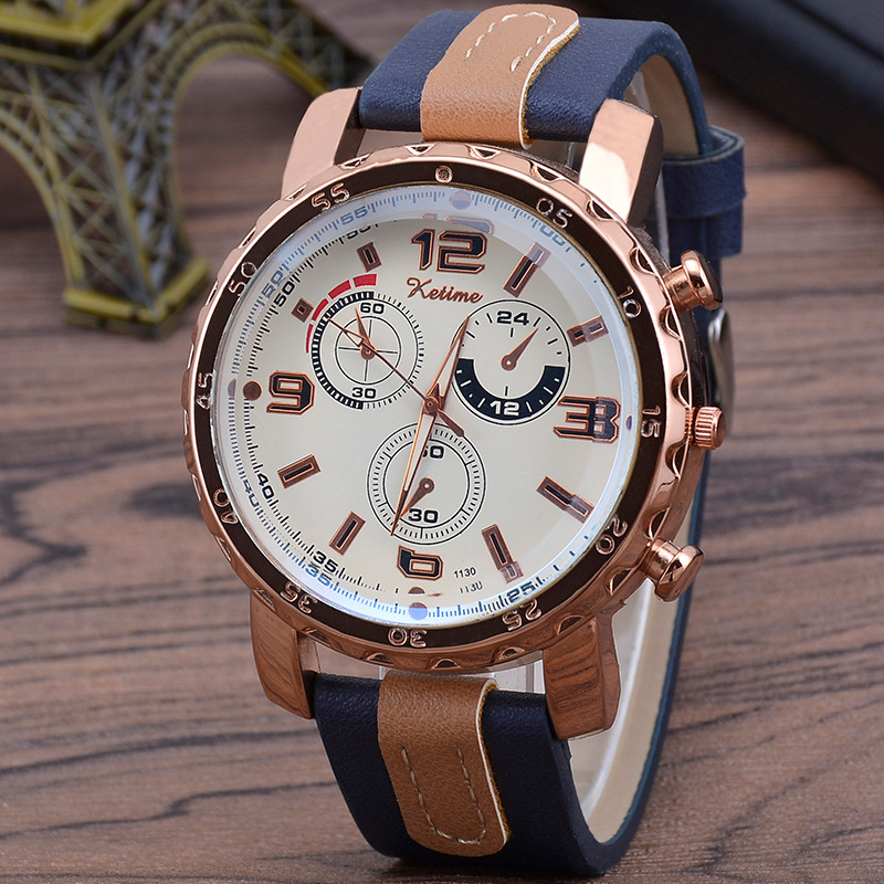 跨境爆款时尚炫彩蓝光男士手表 男韩版运动三眼皮带石英手表批发