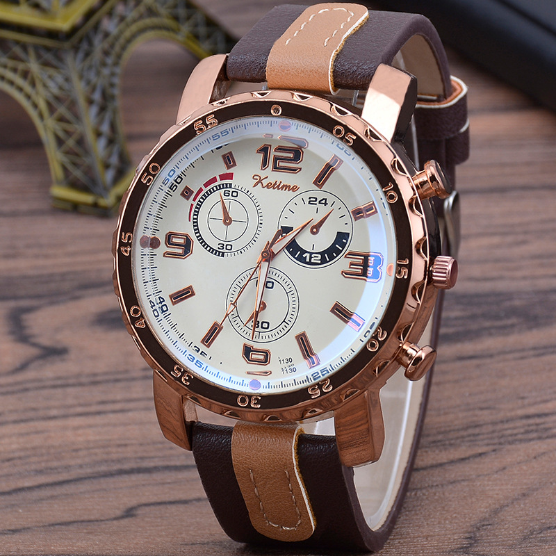 跨境爆款时尚炫彩蓝光男士手表 男韩版运动三眼皮带石英手表批发