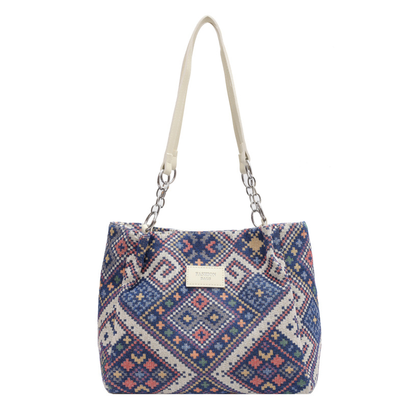 街头时尚民族风配色绣线菱格单肩托特布包热销爆款春夏小清晰