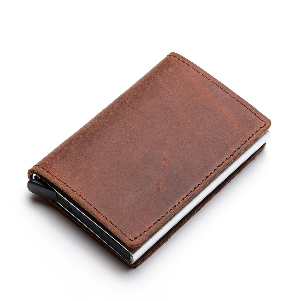 疯马皮卡包 真皮大容量RFID防盗刷金属卡包 定制logo