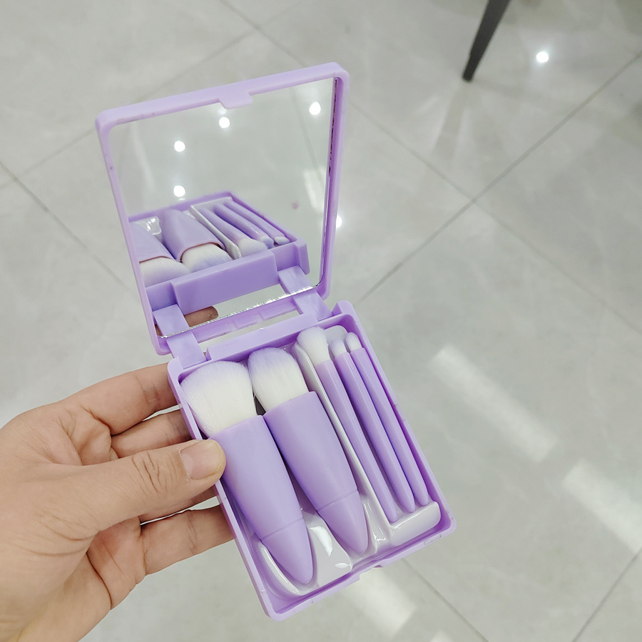 现货5支装裸粉色便携款小巧镜子小巧全套化妆刷镜盒套装