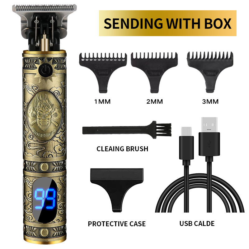 液晶数显家用理发器复古油头电推剪T9胡子雕刻小推子电动