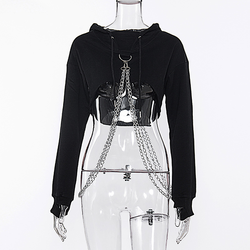 秋冬卫衣女连帽欧美速卖通露脐链条邓紫棋同款上衣潮