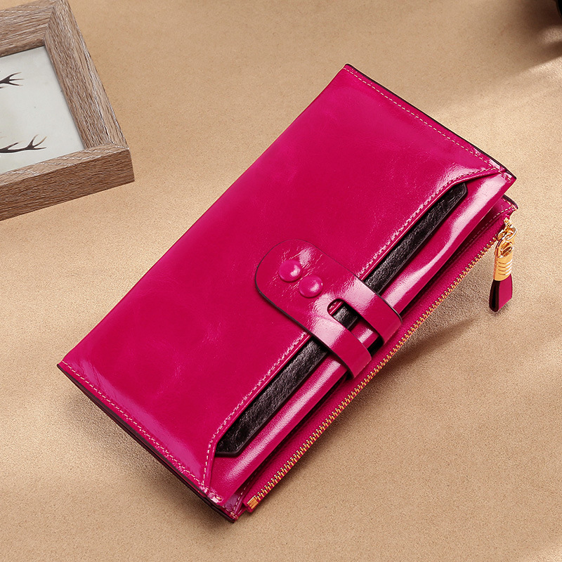 高档真皮女士钱包多卡位复古油蜡皮钱夹长款RFID防盗刷手拿包