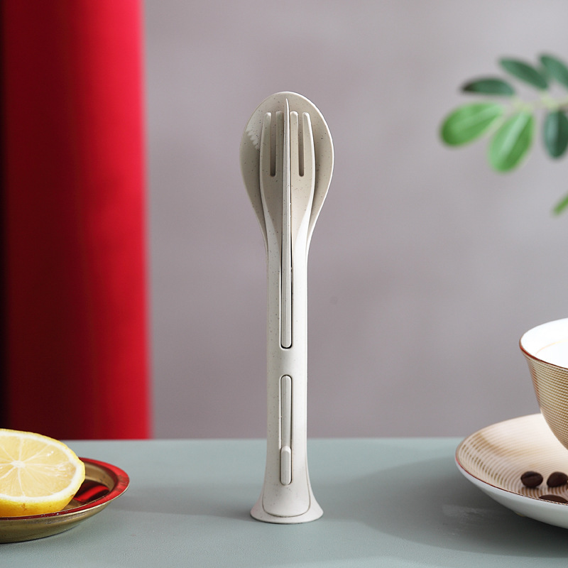创意小麦秸秆三合一便携式刀叉勺子家庭塑料勺叉小麦西餐餐具套装