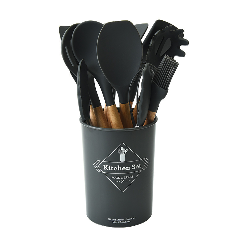 爆跨境木柄硅胶12件套厨具收纳桶装多色可选烹饪铲勺硅胶厨具套装