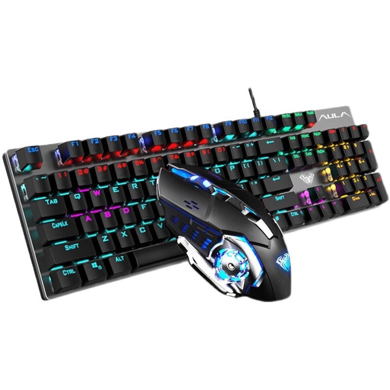 AULA/狼蛛 T400混光青轴机械键盘鼠标套装 usb笔记本台式电脑游戏