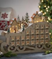 木质24倒计时圣诞日历 创意家居雪橇日历 木制LED圣诞装饰摆件品