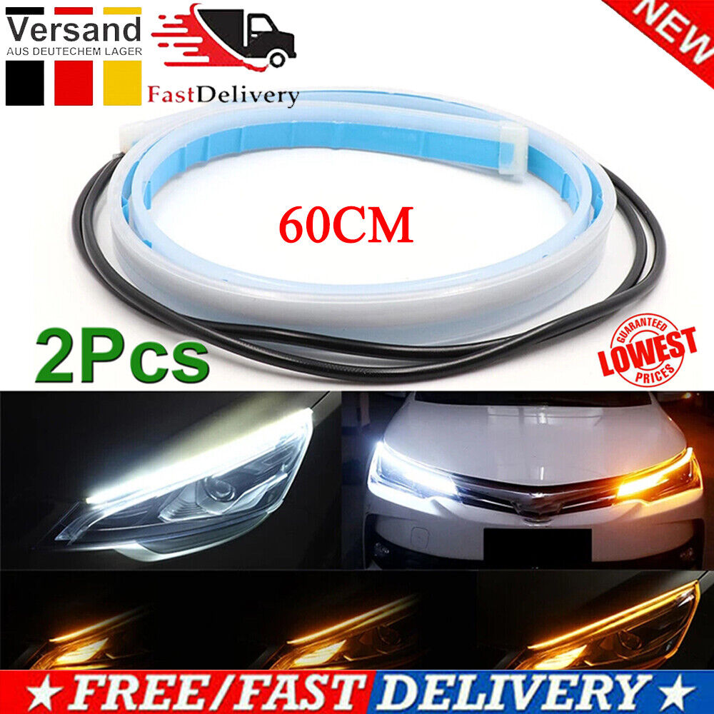 2条装60cm 白色+转向黄色汽车 LED 转向灯条 超薄日行灯 双色流水泪眼灯大灯装饰灯条硅胶导光条