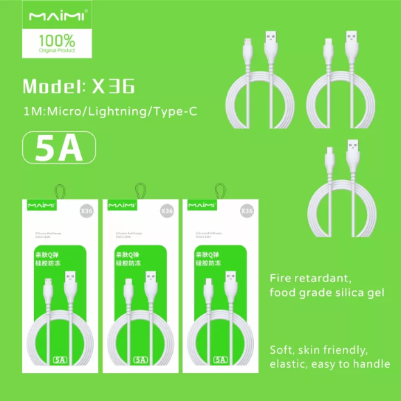 【MMY】Maimi X36最大充电电缆为IOs/USB/类型-C提供5A MAX电源，可使用1M实际数据传输，100% 1年保险