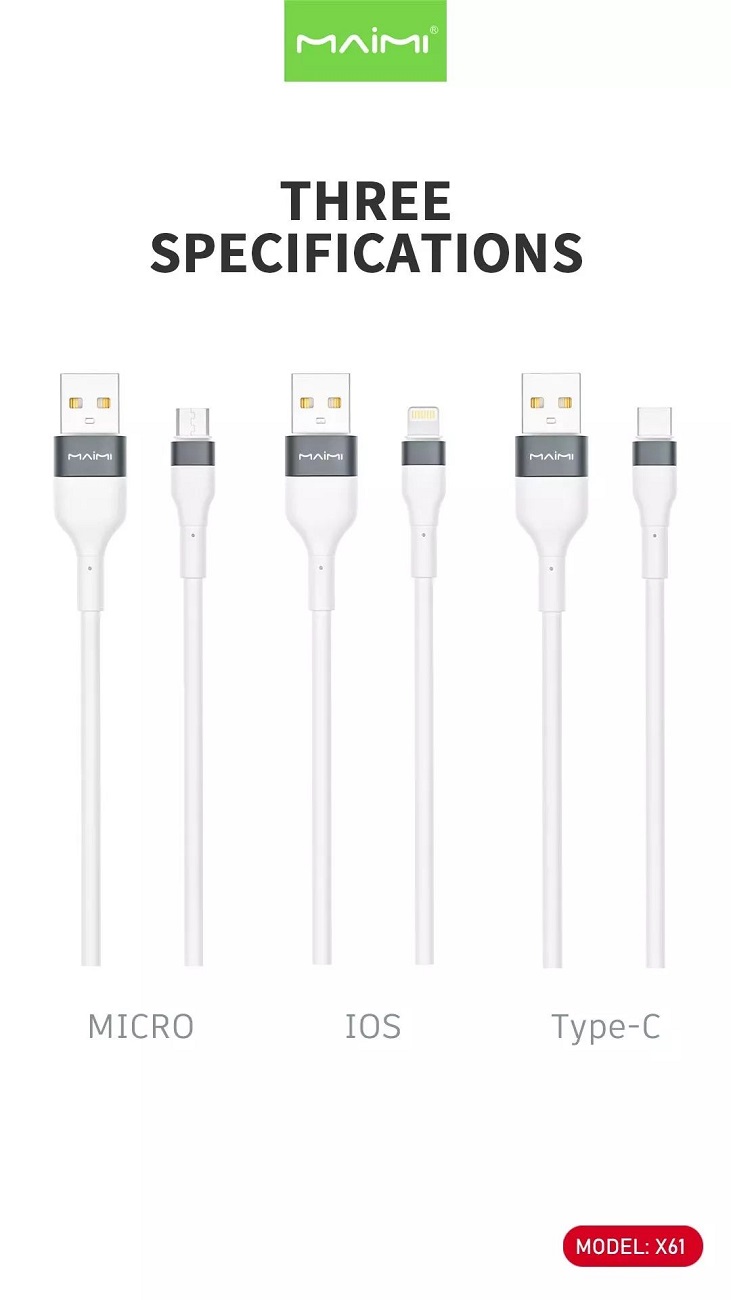 【MMY】Maimi型号X61充电电缆6A白色IOs/c型/ MicroUSB正版100% 