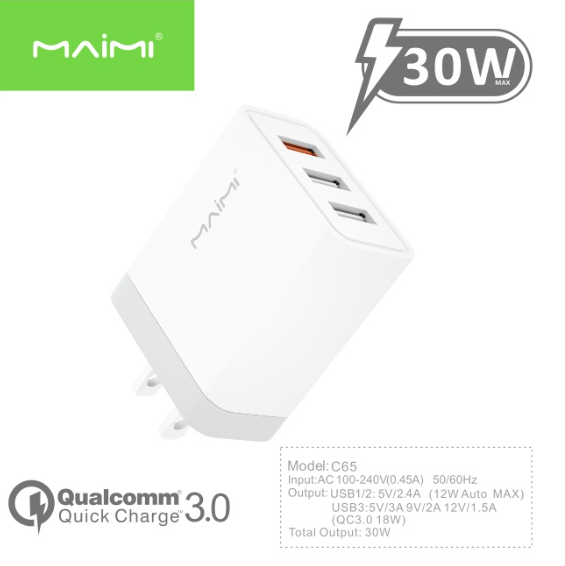 【MMY】Maimi C65充电头，30W 3适配器，白色端口，插头插座，可为适配器充电