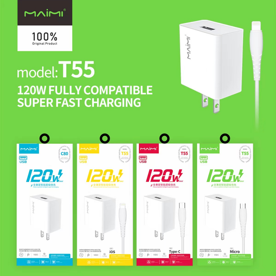 【MMY】Maimi T55系列快充120W，配有Lightning / Micro / Type-C系列，iOS / MicroUSB / TypeC充电头