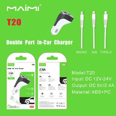 【MMY】maimi t20型汽车上的充电头2 .4a 2端口车内的充电插头，可在带有USB /照明/c型线的快速充电车辆上充电