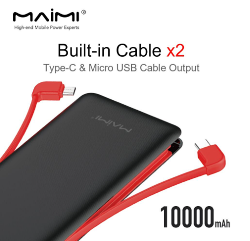 【MMY】Maimi Mi16 Powerbank 10000 mAh备用电池内置微电缆，类型-C为白色，黑色，免费红色电缆，紧凑型X39充电电缆，快速充电