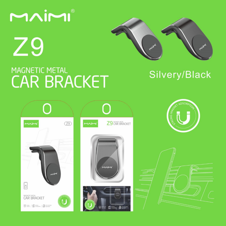 【MMY】Maimi Z9磁定位装置将空气通道插在一个固定的车载固定架上，该固定架将手机夹在一辆车载平台上，将手机放在两种颜色的car上