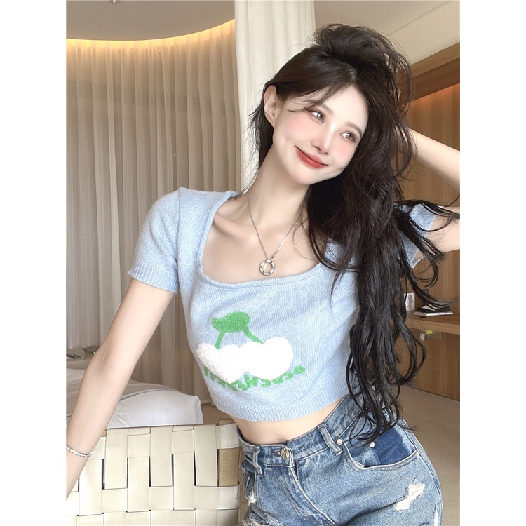【chunyu】✨ Korean style wide neck cute cherry crop top 韩版宽领露脐可爱樱桃上衣 20040