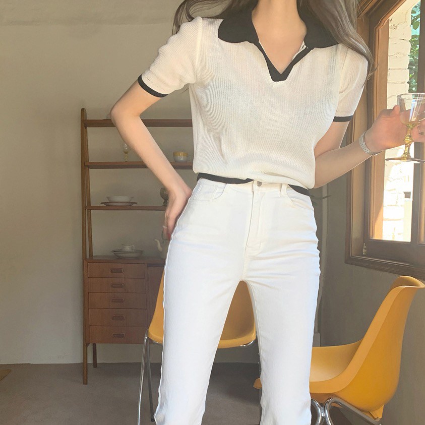 【chunyu】复古简约百搭短袖polo领上衣薄款5694