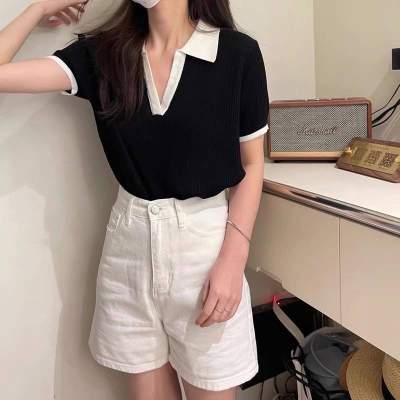 【chunyu】复古简约百搭短袖polo领上衣薄款5694