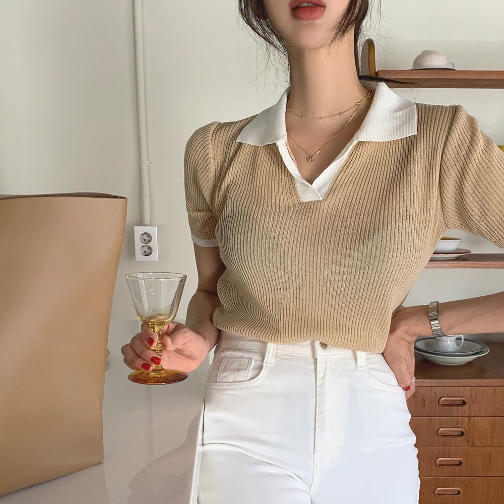 【chunyu】复古简约百搭短袖polo领上衣薄款5694