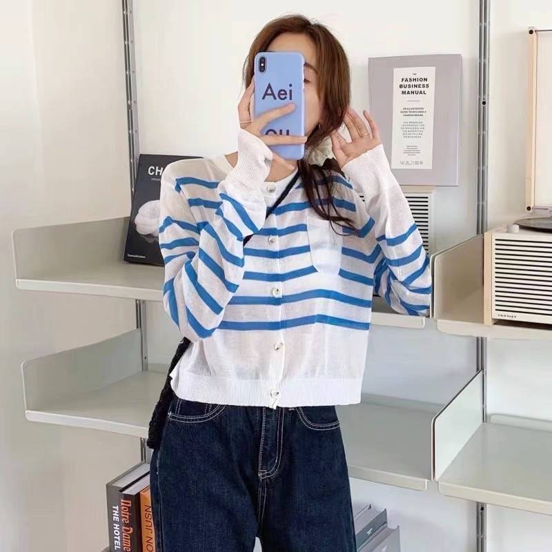 【chunyu】韩版圆领条纹外穿单排扣长袖针织上衣 8812
