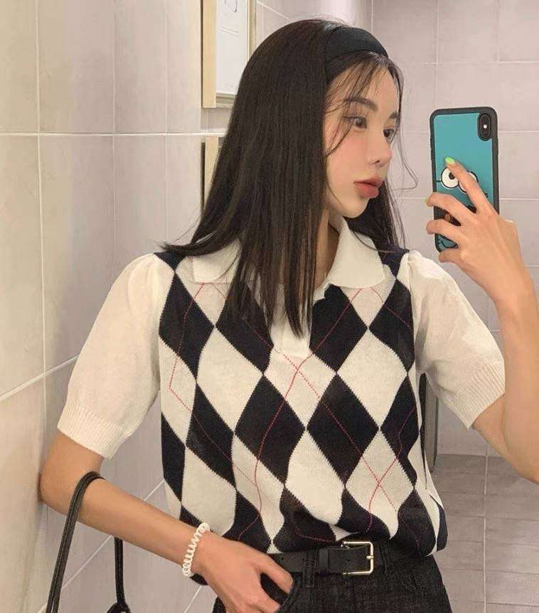 【chunyu】短袖针织T恤薄款法式复古菱格格纹Polo领上衣8805