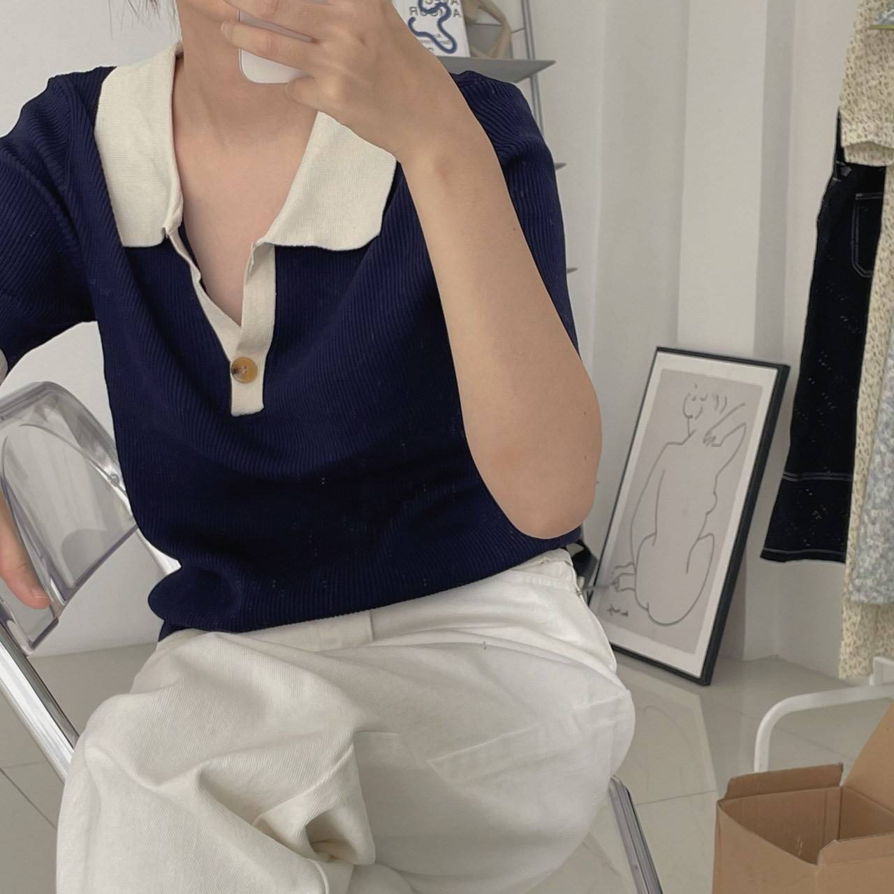 【chunyu】撞色休闲复古简约Polo领上衣8803