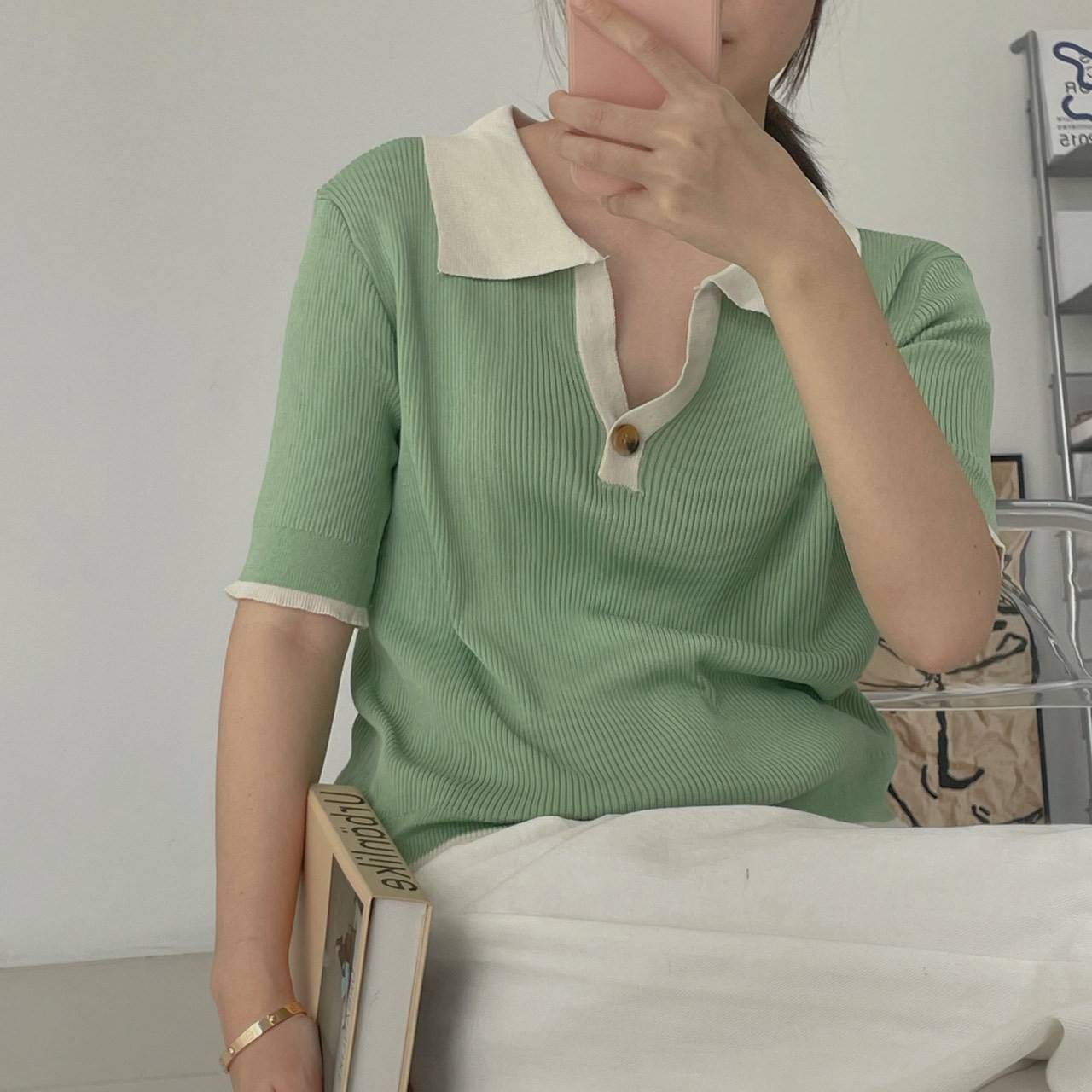 【chunyu】撞色休闲复古简约Polo领上衣8803