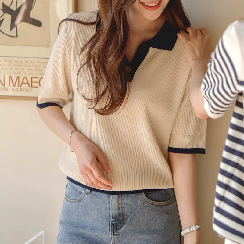 【chunyu】撞色休闲复古简约Polo领上衣8803