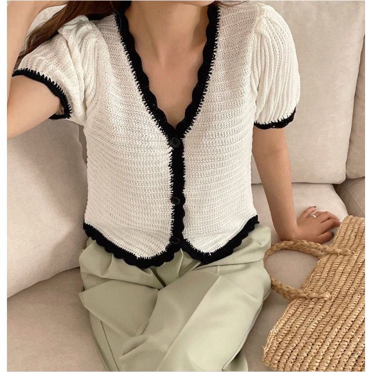 【chunyu】针织衫薄款女夏季韩版小清新v领撞色气质短袖t恤宽松显瘦短款上衣8846