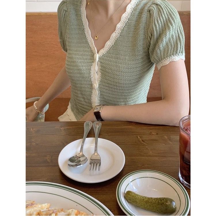 【chunyu】针织衫薄款女夏季韩版小清新v领撞色气质短袖t恤宽松显瘦短款上衣8846