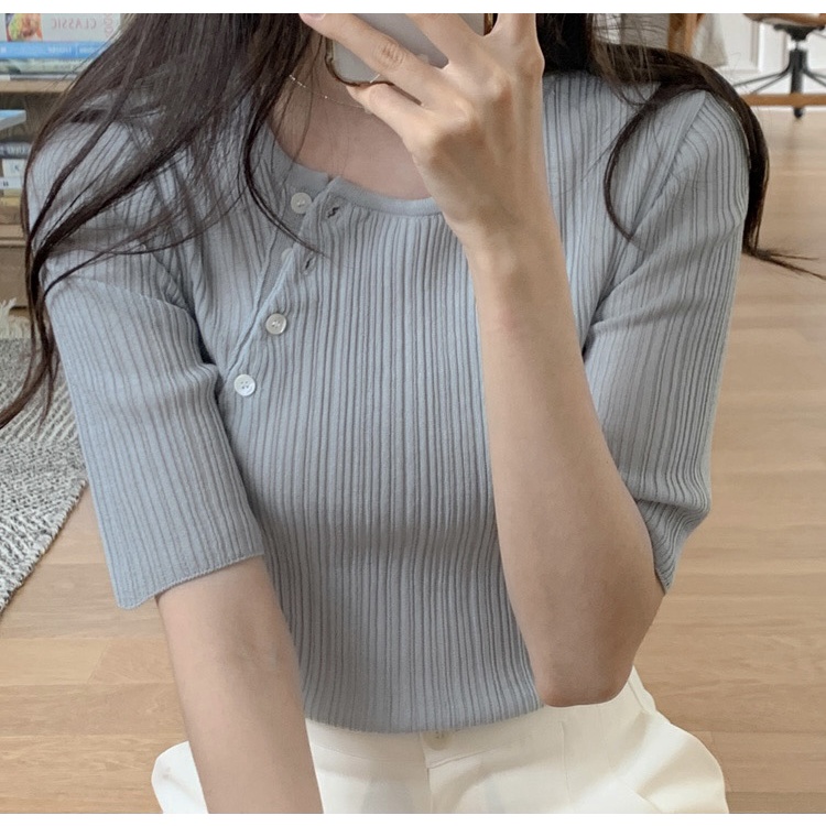 【chunyu】圆领短袖垂直条纹适合上班族 8809