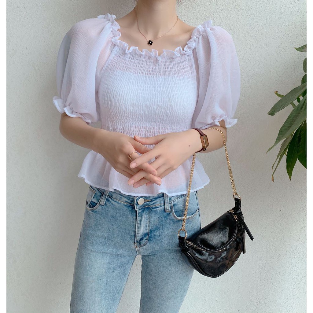 【chunyu】✨芭比袖露肩荷叶边上衣 624