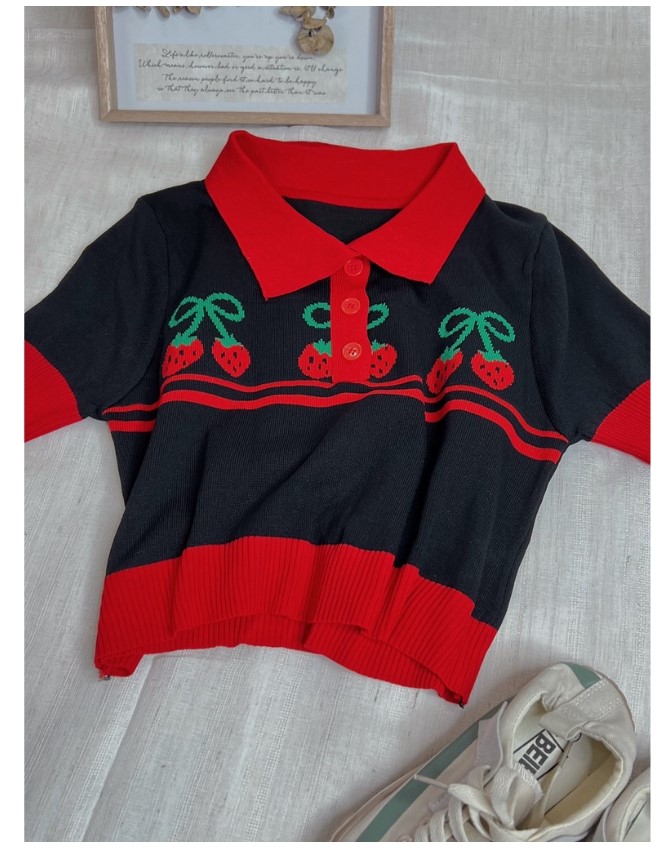 Chunyu✨樱桃条纹短款上衣，亮红色饰边 3143-1#